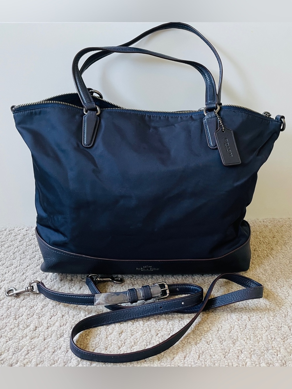 Coach Convertible Nylon Satchel Tote – Midnight Navy Leather Trim